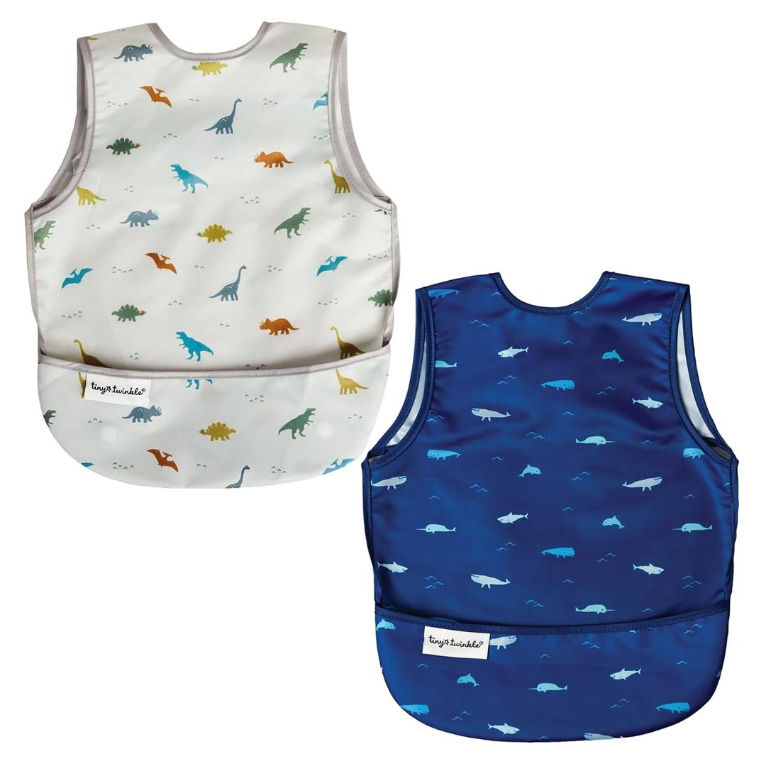 Tiny Twinkle Mess Proof Baby Bibs | 2 Pack Waterproof Toddler Bib for Eating | Baby Apron for Feeding, Machine Washable, Perfect Shower Gift (Dinosaur,Ocean Life, 6-24M)