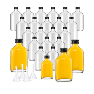 Gejoy 24 Pcs Mini Liquor Bottles Reusable Glass Flask Bottles with Black Caps Clear Empty Alcohol Shot Jars Small Champagne Jars with 4 Funnels for Weddings Party Favors Christmas(6.8 oz)