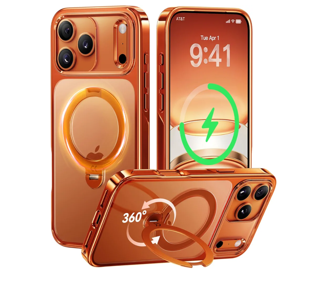 CASEKOO Cosmic Orange Glossy for iPhone 17 Pro Max Case [360 Spin Magnetic Stand][Fit for MagSafe][17FT Military Protection] Slim Hand-Polished Frame Titanium Alloy Sturdy Stand 6.9", Cosmic Orange