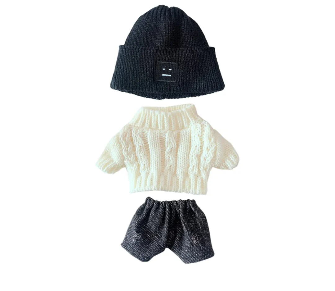 Niannyyhouse Doll Clothes Suit 7.8in/20cm Plush Doll Clothes Hat + Sweater + Shorts 3-Piece Set Doll Dressup Square Face Hat Denim Shorts White Sweater (Black)