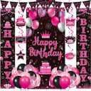 Hot Pink Birthday Decorations for Women's Men Hot Pink Party Supplies Happy Birthday Door Banner Backdrop Porch Sign Hanging Swirls Pink Black Confetti Balloons Streamers Pennant Banner Flags Decor, 71 x 35in