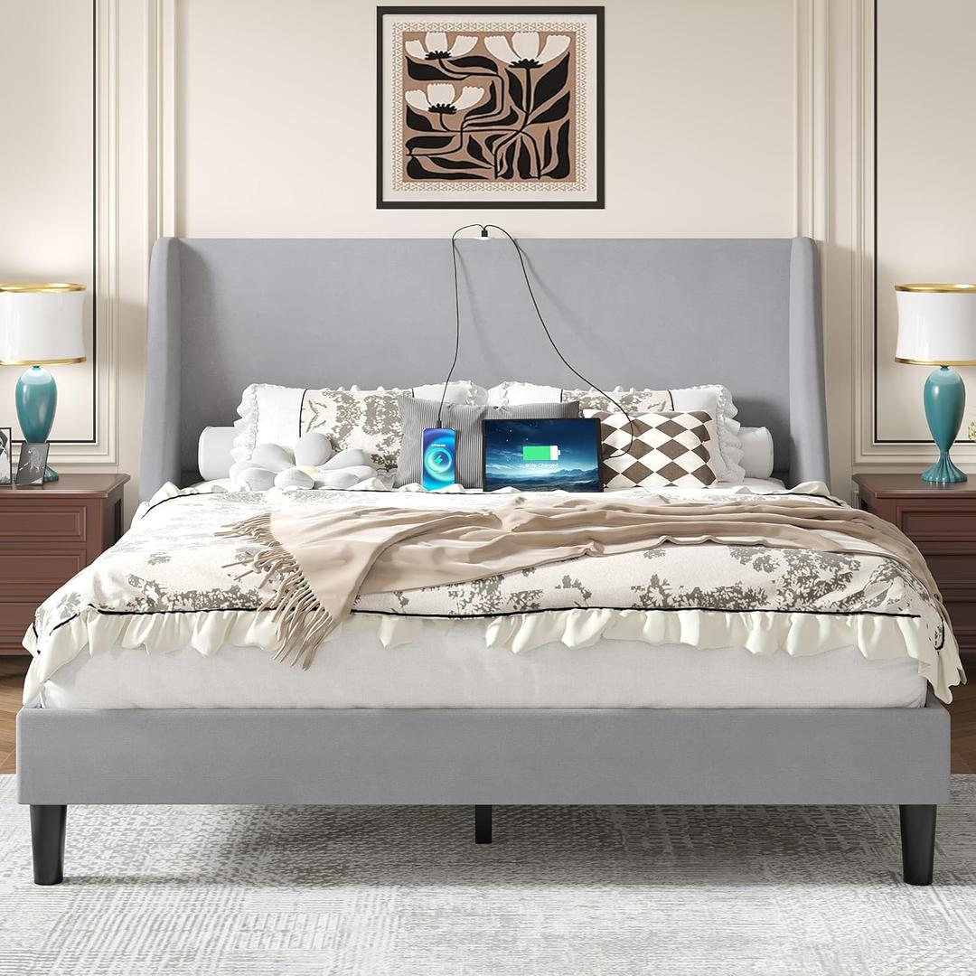 VECELO Queen Bed Frame with Upholstered Wingback Headboard, Heavy-Duty Platform Bedframe with Charging Station, Wooden Slats, No Box Spring Needed, Light Grey