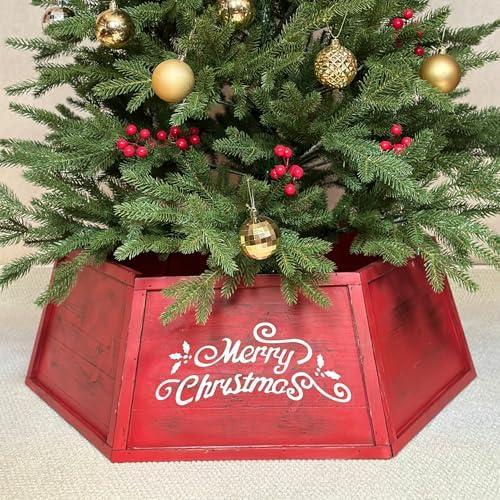 KeVerilive Red Wood Christmas Tree Collar,28.7" Christmas Tree Base Cover, Hexagon Natural Wooden Tree Box Stand,Farmhouse Tree Collars for Artificial Trees