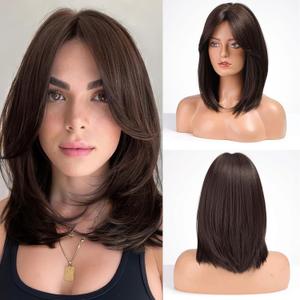 Alanhair Dark Brown Wigs for Women with Curtain Bangs 16 Inches Shoulder Length Natural Synthetic Wig for Daily Use