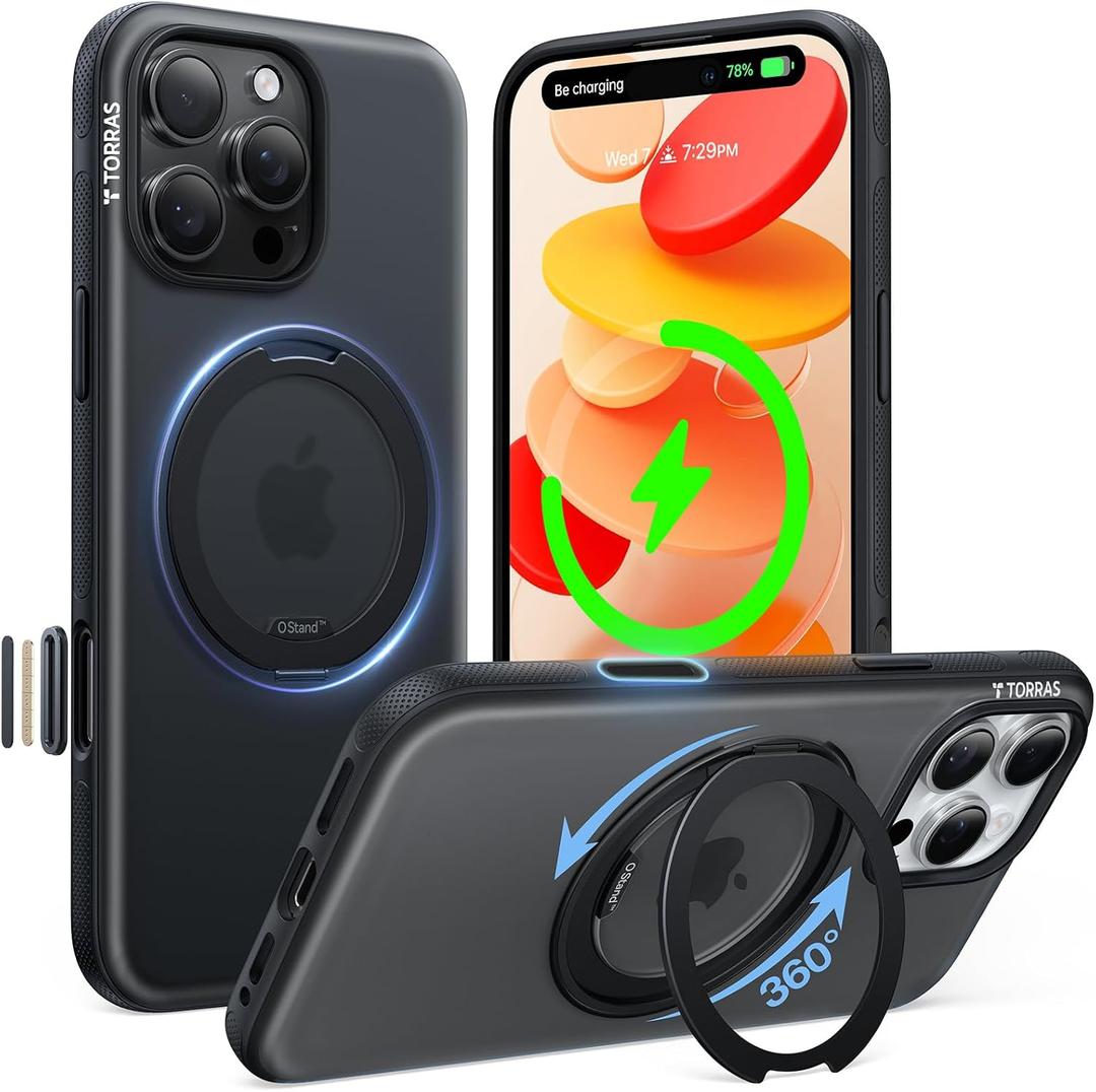 TORRAS O3 Fitness for iPhone 16 Pro Case Magnetic Stand, Fit for MagSafe, 360 Rotatable Stable Stand, Camera Control Button, Military-Grade Shockproof, Slim & Sleek, Obsidian Black Translucent