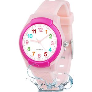 CKV Kids Watch for Boys Girls Watches Age 3-12, 1.18" Dial-3 ATM Waterproof Child Wristwatch Time Teaching Easy to Read Kids Presents (Peach Pink)