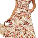 JASAMBAC Women Summer Dresses Casual Flowy Beach V Neck Ruffle Sleeve Smocked Back Waist Floral Midi Dress with Pockets, Size S