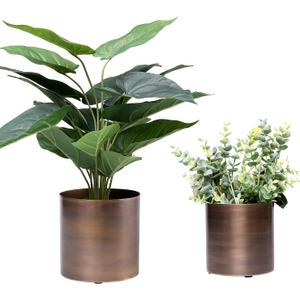 MyGift Antique Bronze Tone Metal Cylindrical Indoor Plant Pot, Succulent Planters Flower Pots, 6 and 5-inch, Set of 2 - Handcrafted in India