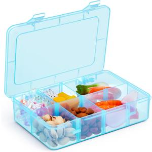 Thyle 1 Pcs Snack Box Container 8 Compartments Snack Containers Reusable Transparent Lunch Box Organizer Small Plastic Food Storage with Lids for Meal Prep School Work Travel (Blue)