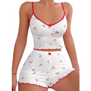 Hilinker Womens Graphic Print Ribbed PJ Set Crop Cami Tops and Shorts Cute Pajamas Set (Small, White Red Cherry B) Hilinker Womens Graphic Print Ribbed PJ Set Crop Cami Tops and Shorts Cute Pajamas Set (Small, White Red Cherry B)