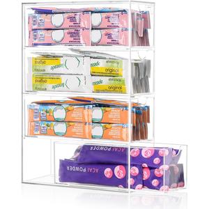 AIEVE Drink Packet Organizer, Drink Mix Holder with 4 Clear Drawers, Acrylic Water Flavor Packets Container, Kitchen Storage Organizers for Pantry Home Organization
