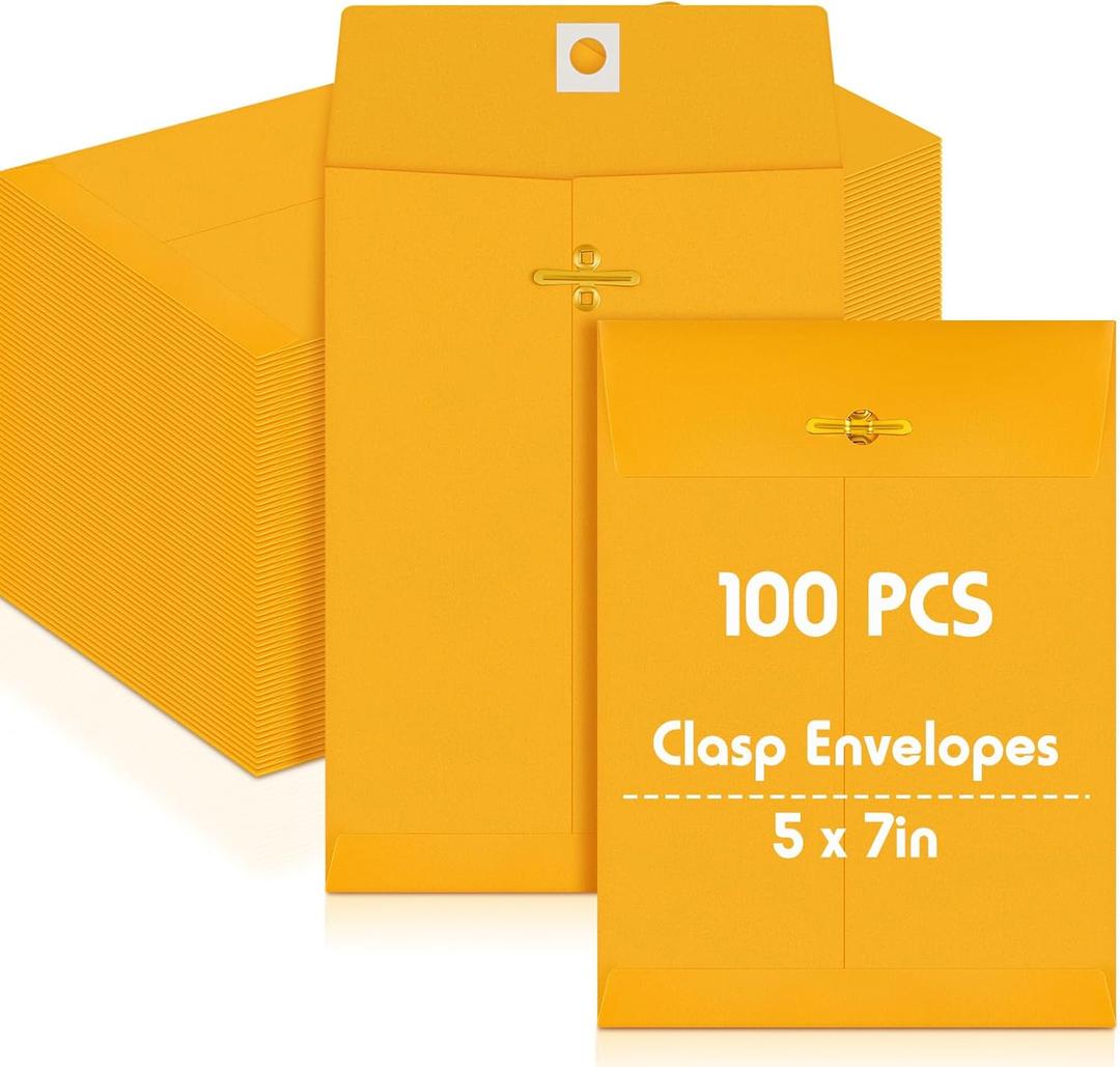 Geyee 100 Pcs 5 x 7" Clasp Envelopes Manilla Gummed Mailing Envelopes Clasp Closure 28 lb Kraft Paper for Document School Office Business Home
