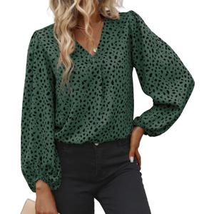 Long Sleeve Blouses for Women, Leopard Print Chiffon Tops V Neck Loose Business Shirts Casual Work Tunic (Green, XL)
