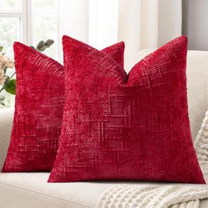 decorUhome Spring Red Chenille Throw Pillow Covers 20x20 Set of 2 Textured Soft Cozy Slubby Couch Pillow Covers Modern Farmhouse Boho Decorative Pillow Cases for Bed Sofa Living Room