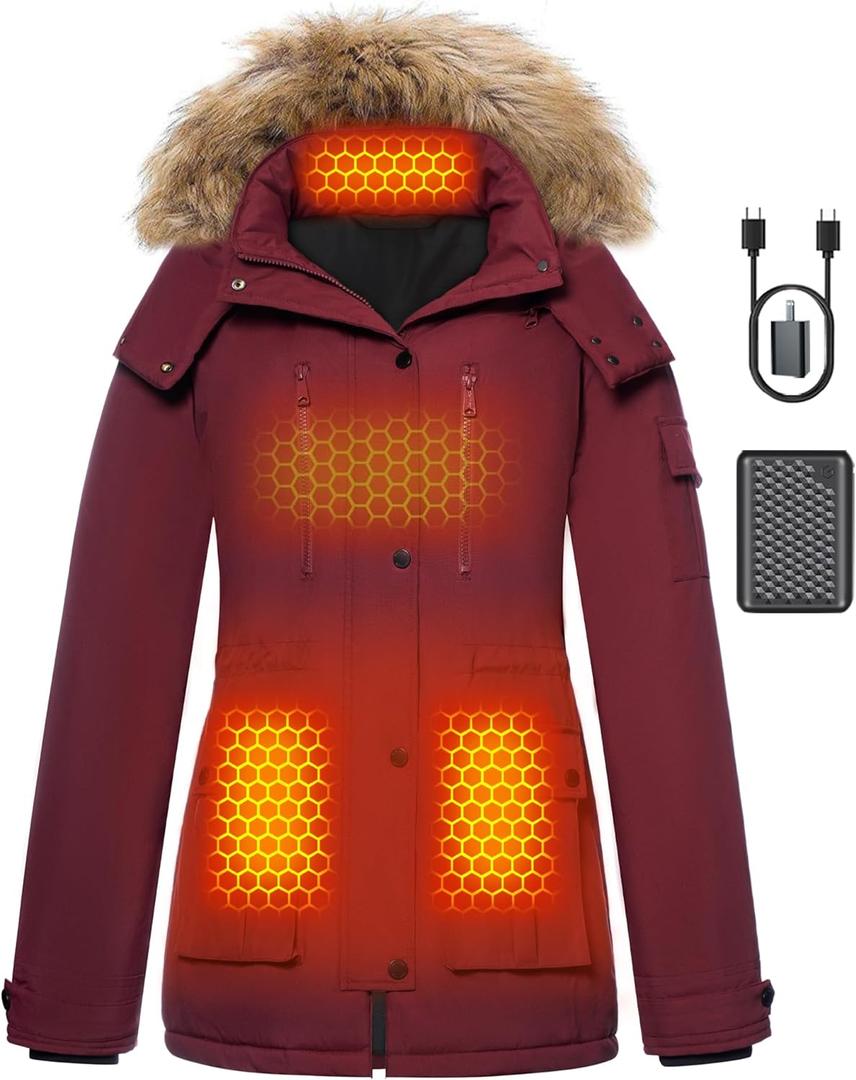 Graphene Heated Jacket for Women with Large Capacity Battery Pack Waterproof Windproof (Small, Burgundy)