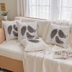 Set of 2 Elegant Feather Throw Pillow Covers with Tassel, Boho Farmhouse Pillow case for Couch Sofa Bed, Living Room Home Decor, 18x18 Inch