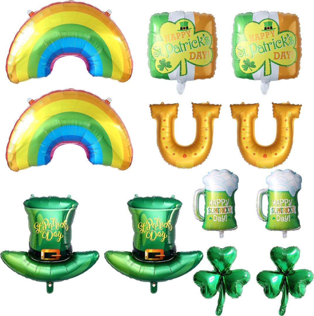 St Patrick's Day Decorations, 12Pcs St Patrick's Day Balloons with Shamrock Clover Rainbow Top Hat Beer Foil Balloons for Irish Festival Party Saint Patricks Day Spring March Birthday Party Decor (Green,gold)