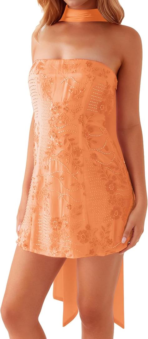 Women Sparkly Sequin Mini Dress with Scarf Y2k Beaded Rhinestone Strapless Short Dresses Glitter Party Tube Dress (Orange, Medium)