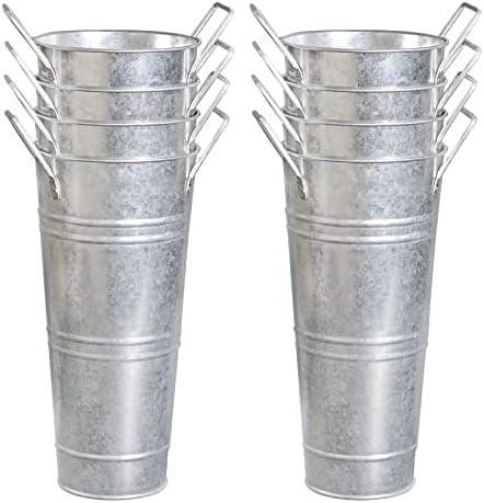 YEENAASY Galvanized Metal Bucket Vases Set of 8, 9 Inch Farmhouse French Flower Buckets Pots with Handles, Rustic Decorative Metal Holder Flower Vase for Home Wedding Table Centerpiece Decor (Silver)