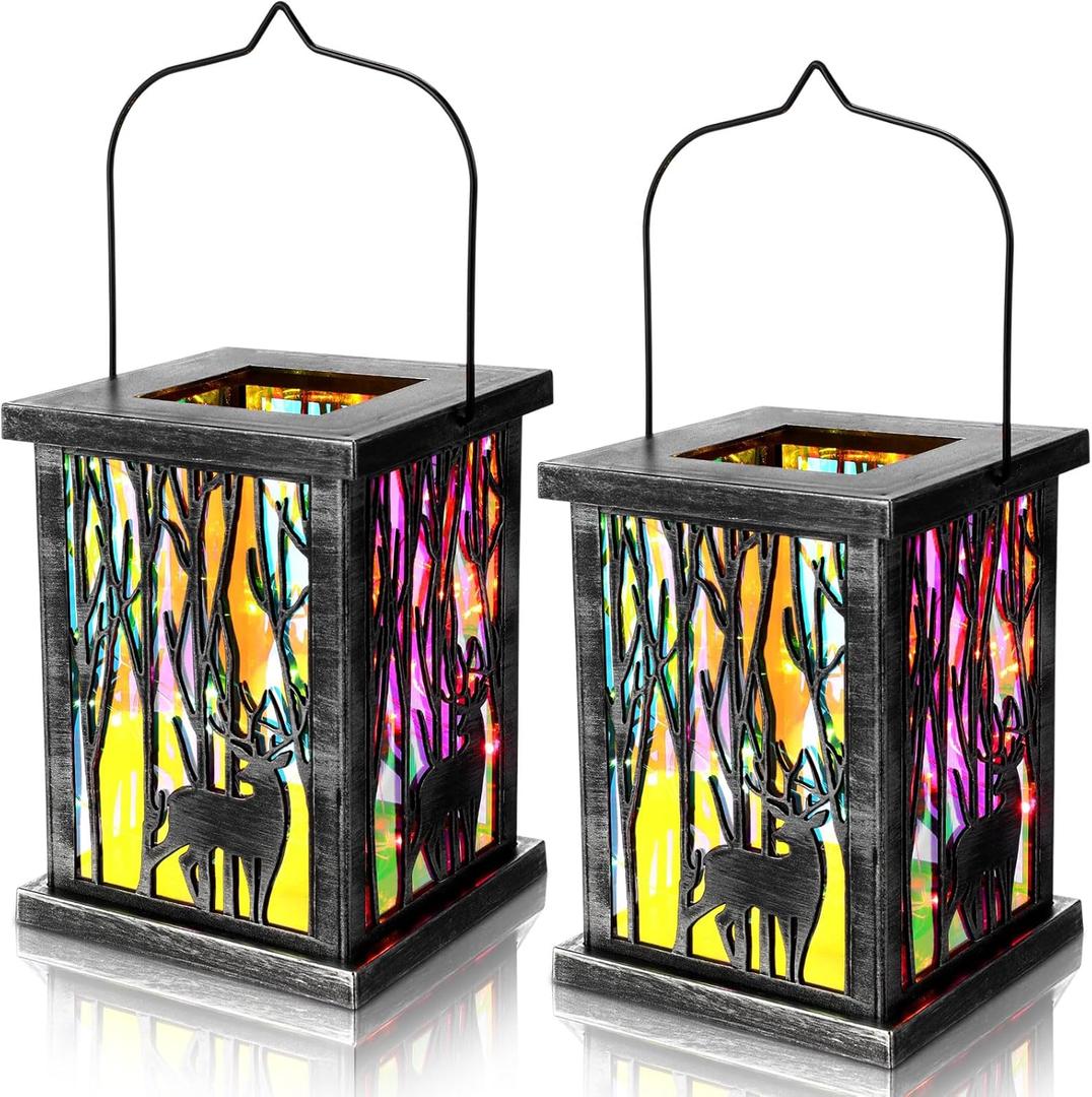Honoson 2 Pcs Christmas Lanterns Decorative with LED String Lights Metal Hanging Xmas Vintage Lantern with Red Ribbon Berry for Indoor Outdoor Xmas Home Porch Party Decor(Deer)