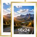 Wood 16x24 Picture Frame with 14x20 Mat Gold, Display 14x20 with Mat or 16x24 Without, Wood 16 by 24 Photo Frame, 16 x 24 Frame for Wall Hanging Display, Gold, 2 Pack