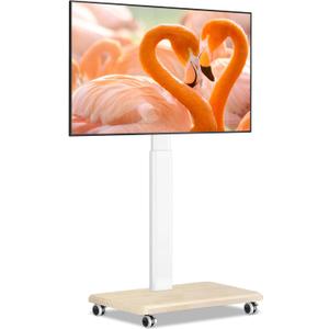 TVON Rolling TV Stand for 32 to 65 70 Inch TVs, Elegant Floor TV Stand with Wheels, Mobile TV Cart with 9 Levels of Height Adjustment for Optimal Viewing, White Floor Stand for Living Room (Wooden Base)