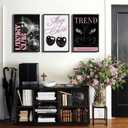 3Pcs Unframed Trendy Pink Preppy Wall Art Fashion Cat Disco Ball Cherry Canvas Posters Prints Funky Y2k Wall Decor Pictures for Girly Bedroom Apartment Dorm Decorations