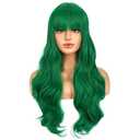 BERON Emerald Green Wig with Bangs Long Wavy Green Wigs for Daily Party with Wig Cap