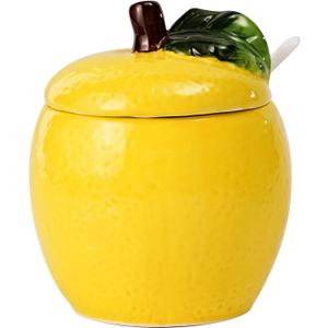Hand-Painted Ceramic Fruit Shape Sugar Bowl Spice Jar Seasoning Pot with Lid Spoon (Lemon)