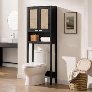 SICOTAS Over The Toilet Storage Cabinet with Rattan Door, Freestanding Bathroom Organizer with Adjustable Shelf, Space Saver Cabinet for Bathroom, Laundry Room, Restroom