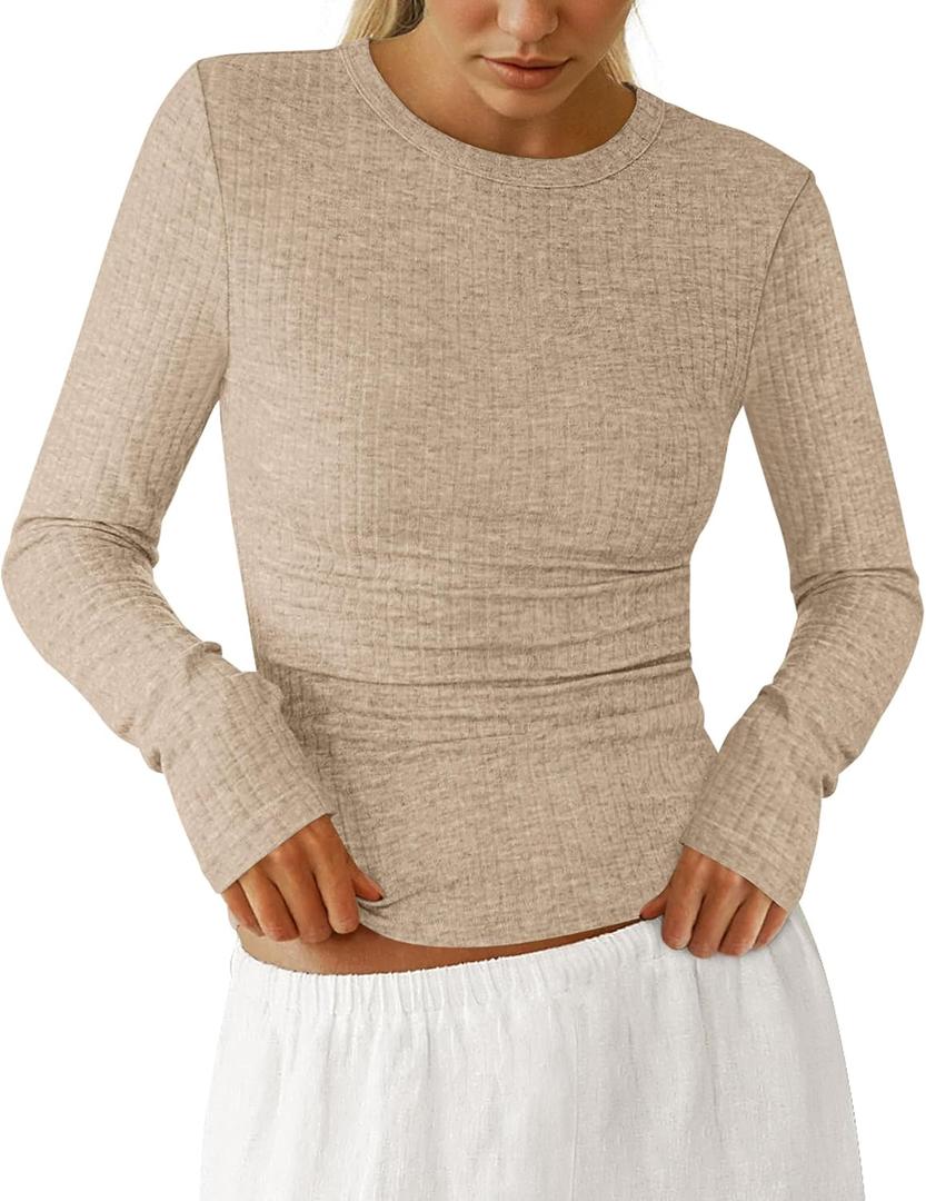 PRETTYGARDEN Womens Long Sleeve Shirts 2026 Ribbed Knit Slim Fitted Basic Tee Casual Going Out Tops Underscrubs Fall Clothing (XL)