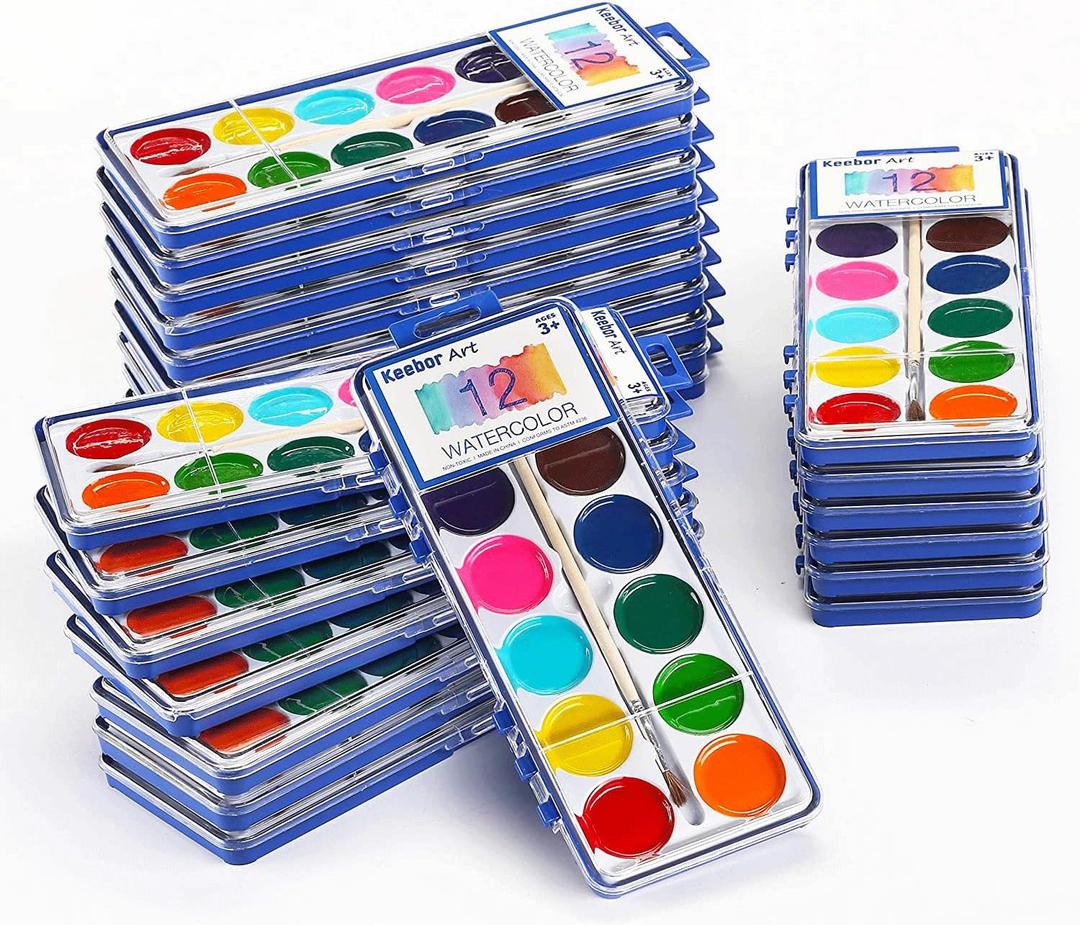 Watercolor Paint Set for Kids, 12 Colors, 24 Pack Washable Water Colors for Party Favors, Gifts, Classroom Supplies (Wood Brushes Included), 1 Count