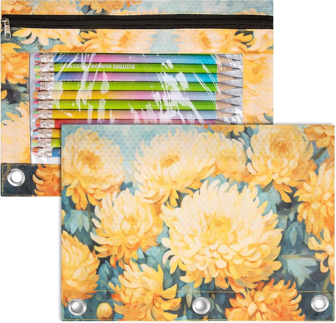 2 x IKAYAS Flower Pencil Pouch for 3 Ring Binder bulk Binder Pencil Pouch with Zipper, Pencil Pouches Pencil Bags for Classroom Pencil Box Pencil Case for Storing School Students Teacher Supplies 2 Pack
