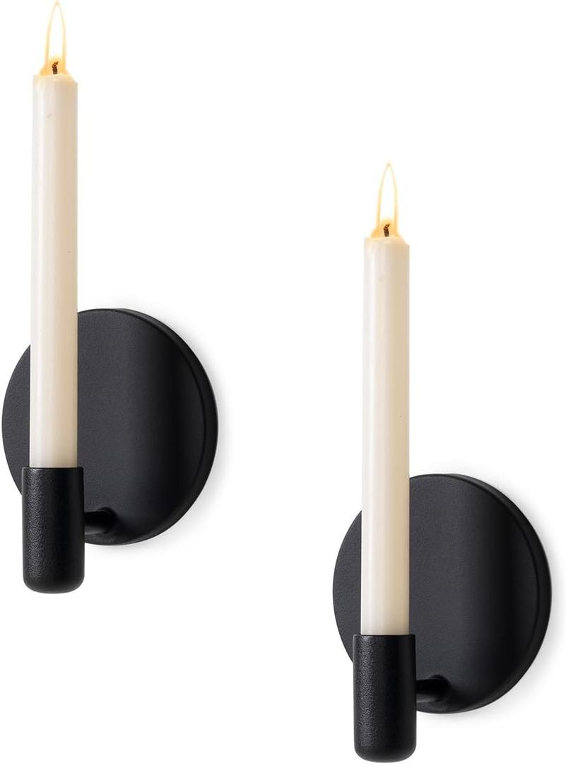 Matte Black Wall Sconce Candle Holders Set of 2 for Taper Candles, Minimalist Metal Wall Mounted Candlestick - 0.82 Inch Cup Diameter