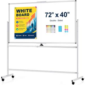 Rolling Whiteboard 72" x 40" Sturdy Dry Erase White Board on Wheel | Large Magnetic Standing Whiteboard Easel with Double-Sided, Office Supplies, Home, School, Sliver Frame