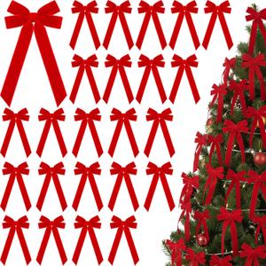 Riceshoot 24 Pcs Christmas Velvet Bows 4.5 x 8.6 inch Vintage Bow Christmas Tree Decorations Xmas Ornaments for Wreath Gifts Wrapping Garland Indoor Outdoor Holiday Party Decor (Red)