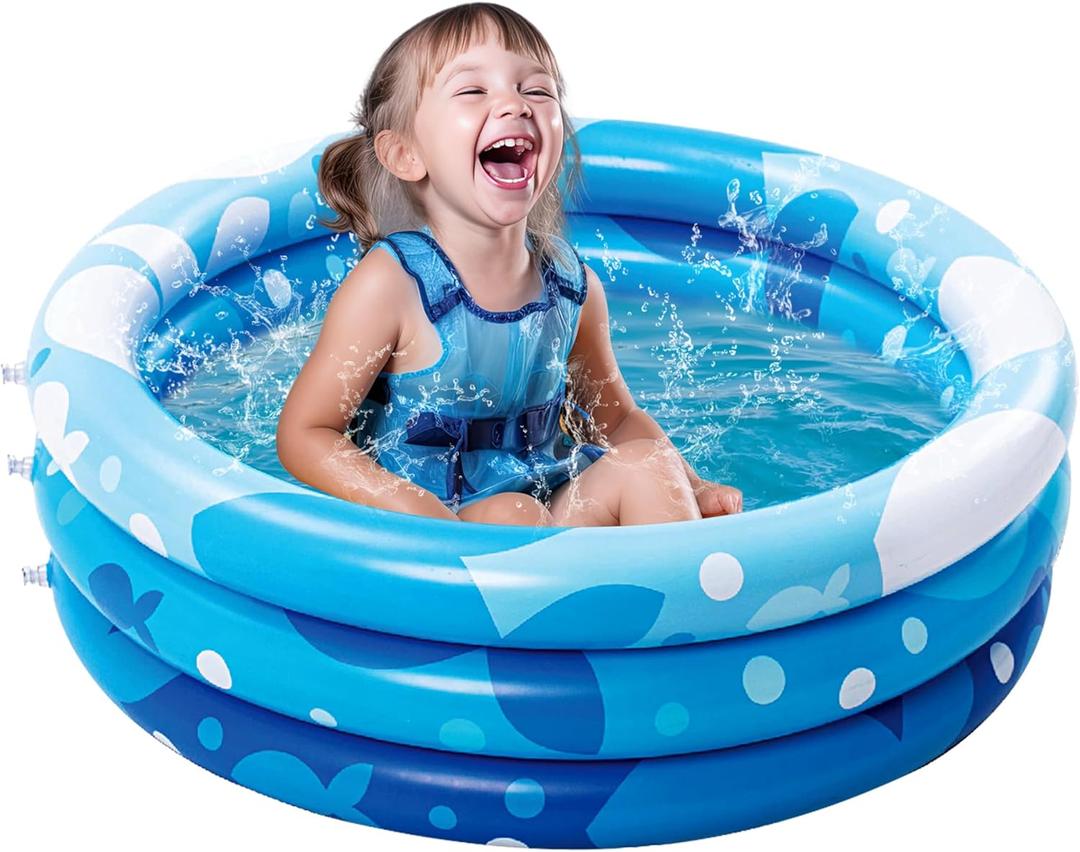 Sloosh Inflatable Kiddie Pool, 34"x10" Blow Up Kid Swimming Pool,3 Rings Blue Baby Pool for Toddler, Play Pit for Dog with Geometric Pattern for Summer Water Party Backyard Garden(Fish)