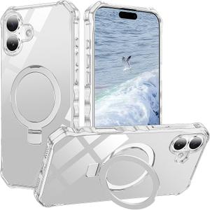 STERKER Compatible with iPhone 16 case with Stand Magnetic Ring Holder [Compatible with MagSafe][Military-Grade Drop Protection] Slim Back Cover with Good Grip Curly Wave Edge, Clear