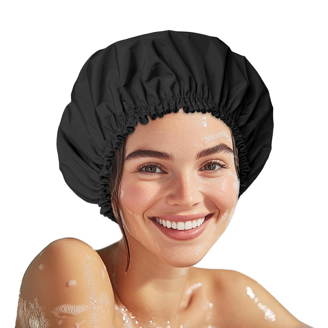 Shower Cap for Women, Double Layer Waterproof Bath Cap, Reusable Hair Protector, Large Waterproof Shower Bonnet Washable Elastic Band Bath Hair Hat for Long Hair, Braids Black