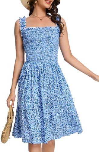 CVCPP Floral Print Sundress for Women Square Neck Sleeveless Smocked Flowy Mini Short Boho Summer Dresses.L