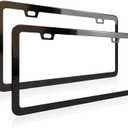License Plate Frame, Metal Thin Stainless Steel with 2 Holes Screw Cap, 2 Pack ((Top-Purchased) Matte Black)