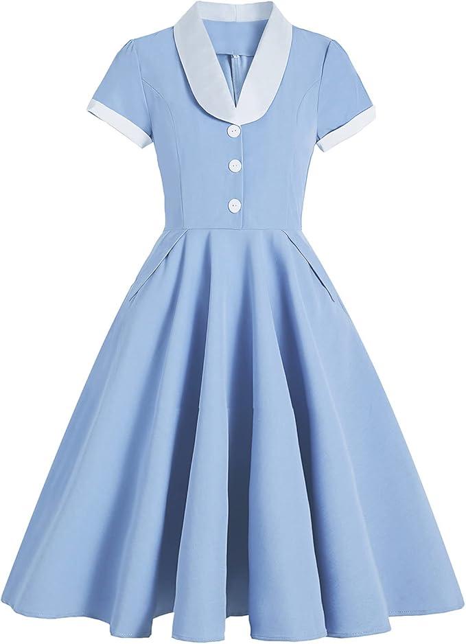 Vintage Dresses for Women's Flat Collar Short Sleeve Fit and Flare 50s 60s Rockabily A-line Swing Midi Tea Party Dress, M