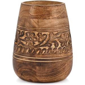 Utensil Crocks Mango Wood Floral Hand carving Utensils Caddy, Handcrafted Wooden Utensils Crock Cooking Spatula Organizer (4.5'' X 4.5'' X 5')