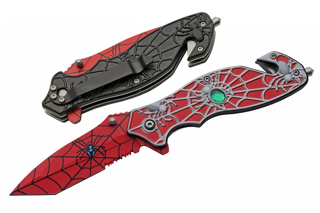 SZCO Supplies 8 Red Spider Web Assisted Open EDC Rescue Folding Knife