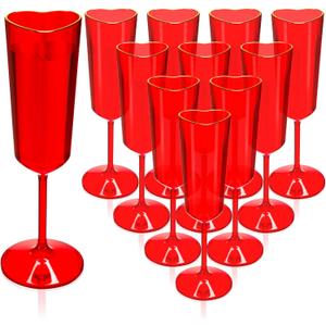12 Pcs Valentine's Day Heart Shape Plastic Champagne Flute Glasses with Gold Rim Gift Set 5 oz Elegant Red Cocktail Toasting Glasses Wine Cup Bulk for Wedding Bridal Birthdays Party Supplies
