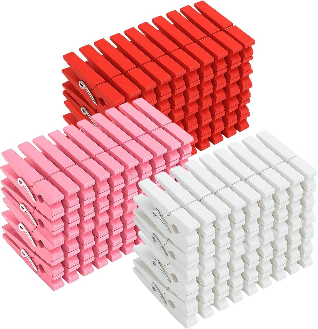 Weysat 120 Pcs Valentine's Day Colored Clothes Pins 2.9" Wooden Valentines Clothespins Red Pink White Clothesline Clips for Crafts Photos Pegs Decoration Clip, DIY Valentine's Day Accessories