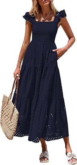 PRETTYGARDEN Womens Summer Square Neck Maxi Dresses Cap Sleeve Eyelet Smocked Tiered A Line Flowy Long Dress with Pockets (Medium)