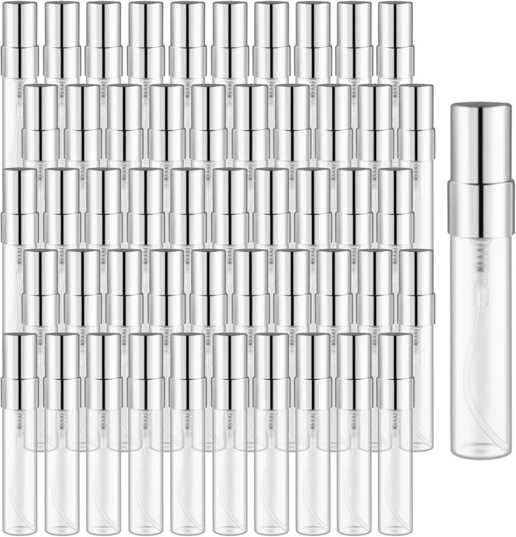 50 Pcs 5ml/0.17oz Fine Mist Glass Bottle Mini Transparent Spray Vials Empty Refillable Perfume Bottles for Cosmetic Perfume Liquid Sample DIY Sprays - Silver Lids