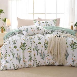 MUXHOMO Duvet Cover King Size, Reversible Floral Green Duvet Cover Set with Zipper Closure, 3 Pieces Botanical Patterns Soft Microfiber Bedding Set with 4 Ties (90"x104", 2 Pillow Cases) (04 - Green Flower (No Comforter))