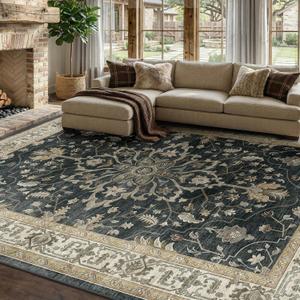 RELEANY Area Rugs 8'x10' Washable Non-Slip, Floral Vintage Distress Print Pattern Medallion Carpet for Living Room Bedroom Dining Room, Vintage Black Brown Neutral